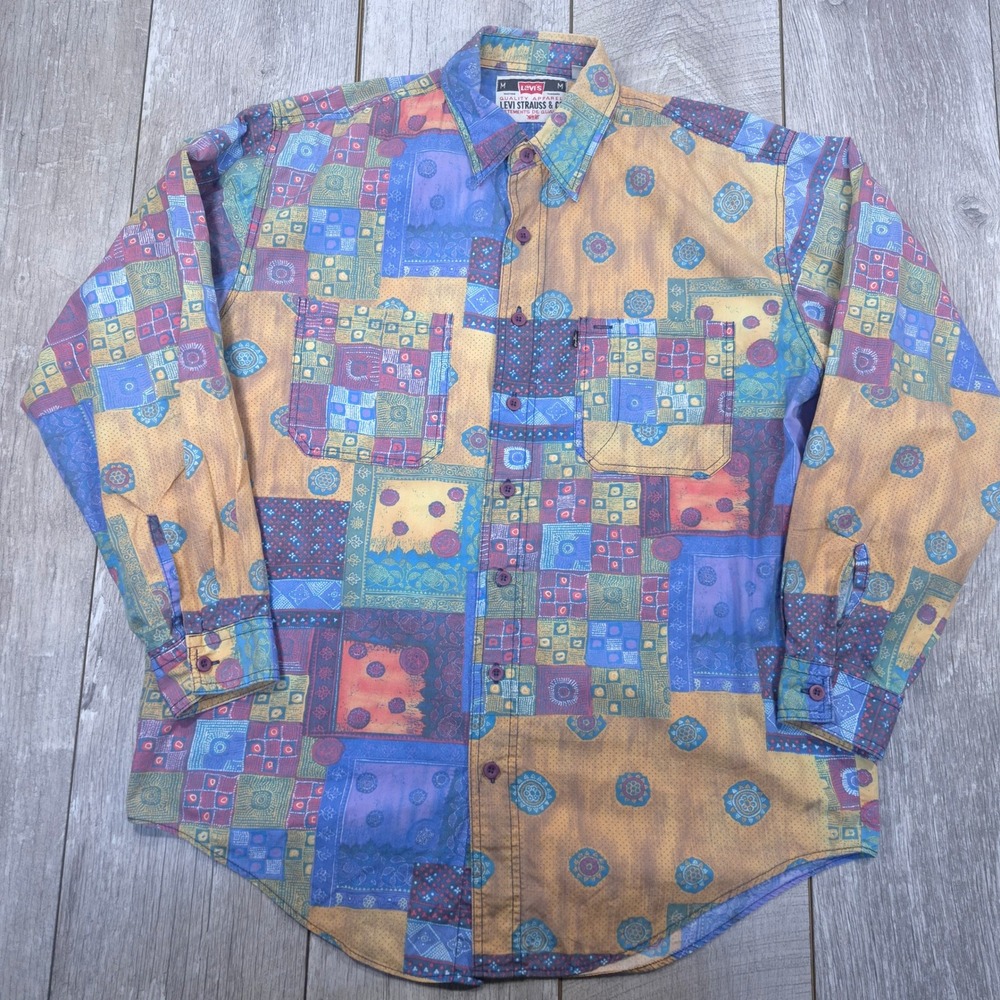 Levi's Button Shirt Mens Medium Multicolor Patchwork Print Long Sleeve Geometric
